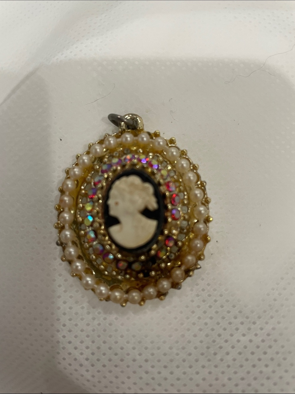 Vintage Gold Cameo Pendant with Black, Cream & Pearl Accents